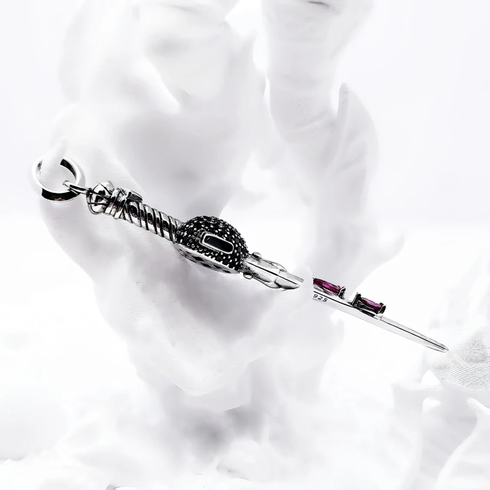 Heart Sword with Black and Red Stones Sterling Silver Pendant - Image 5