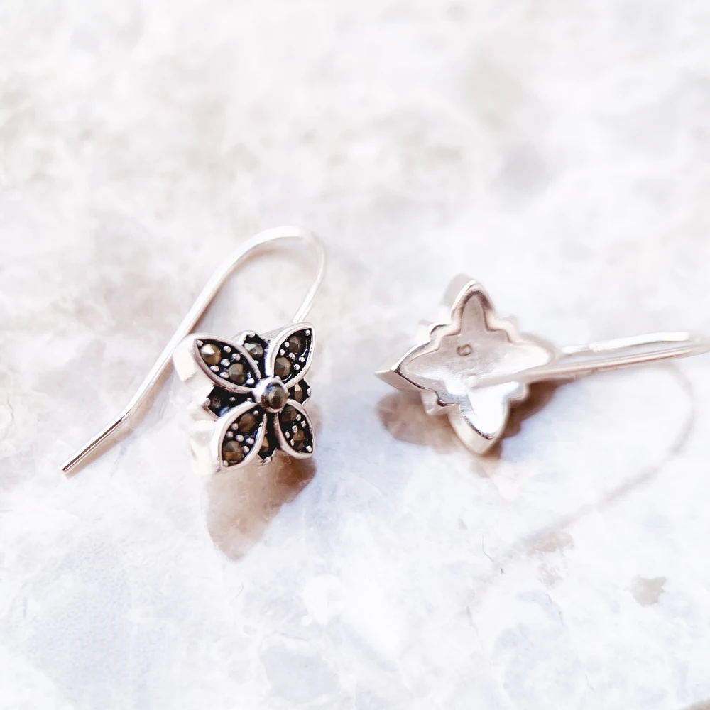 Trendy 925 Sterling Silver Marcasite Star Flower Drop Earrings - Image 4