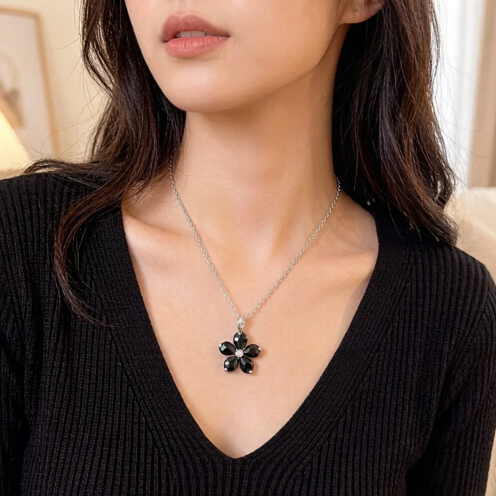 Romantic Black Petals Flower Summer Sterling Silver Necklace Jewelry - Image 2