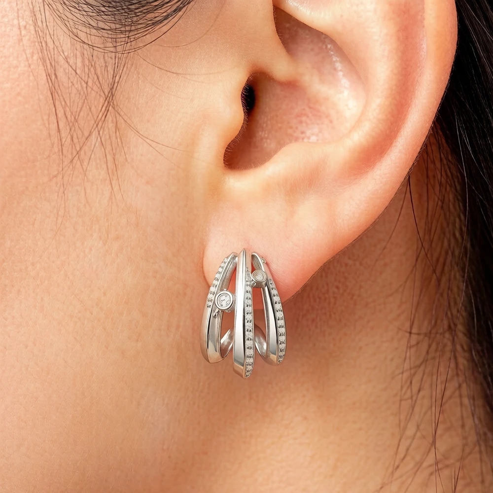 Creole Wave With White Stones Sterling Silver Jewerly Hinged Hoop Earrings - Image 4