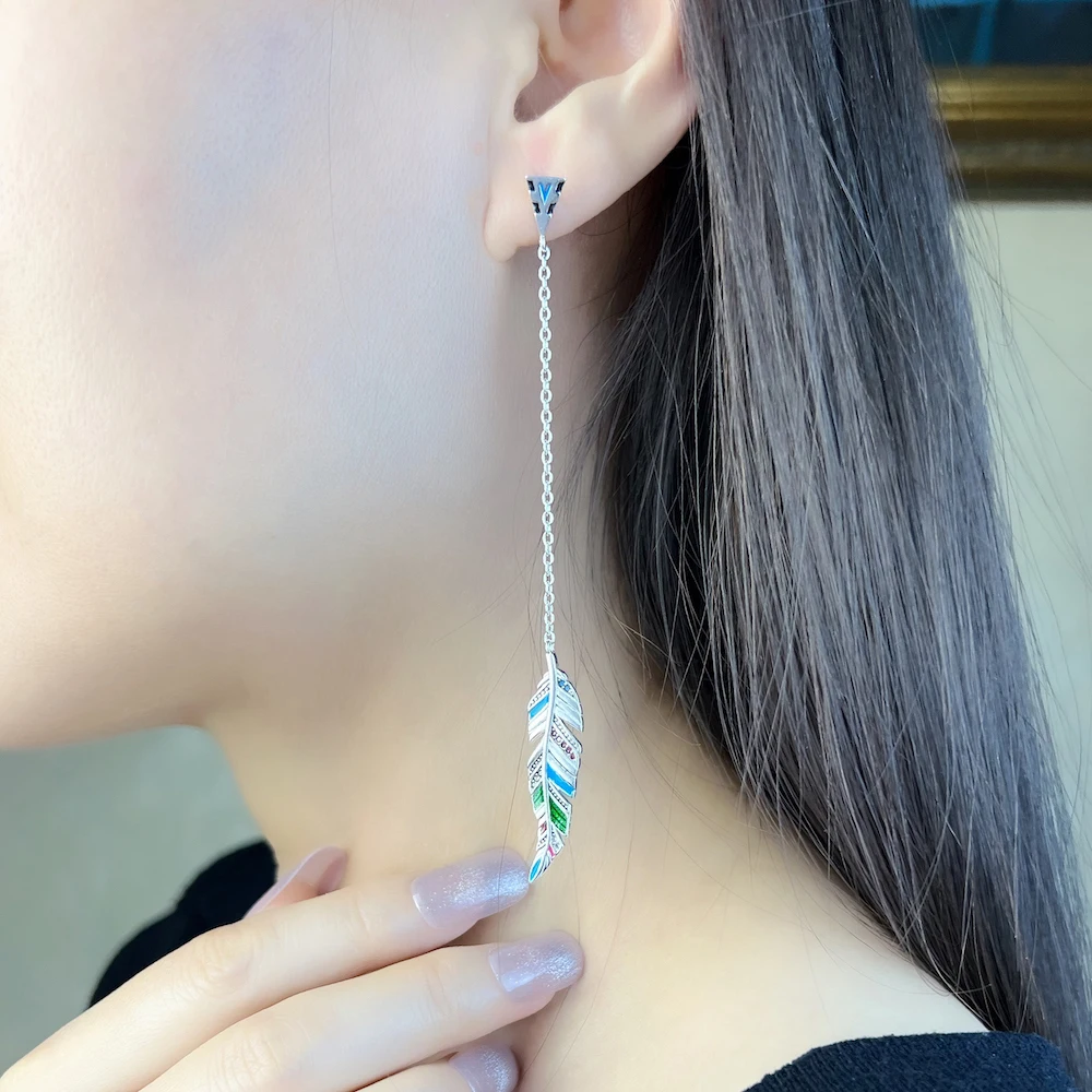 Colourful Feather Sterling Silver Drop Earrings Fine Jewelry – Bild 2