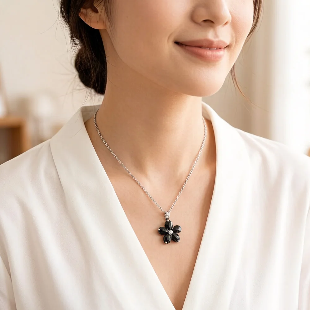 Romantic Black Petals Flower Summer Sterling Silver Necklace Jewelry - Image 3