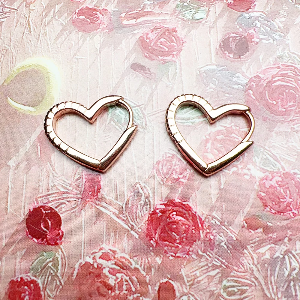 Romantic Rose Gold Heart Hoop Earring Silver Jewerly For Women - Imagen 4