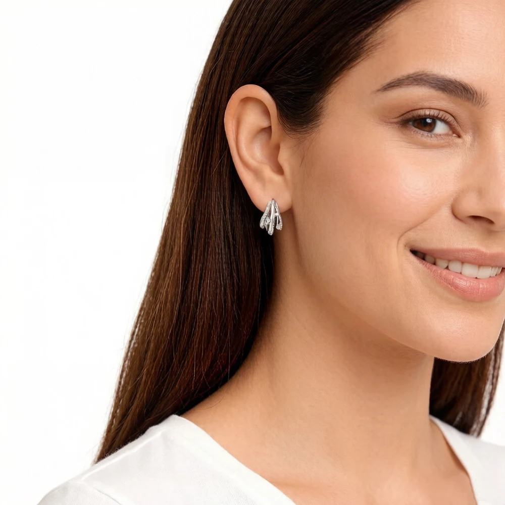 Creole Wave With White Stones Sterling Silver Jewerly Hinged Hoop Earrings - Image 2