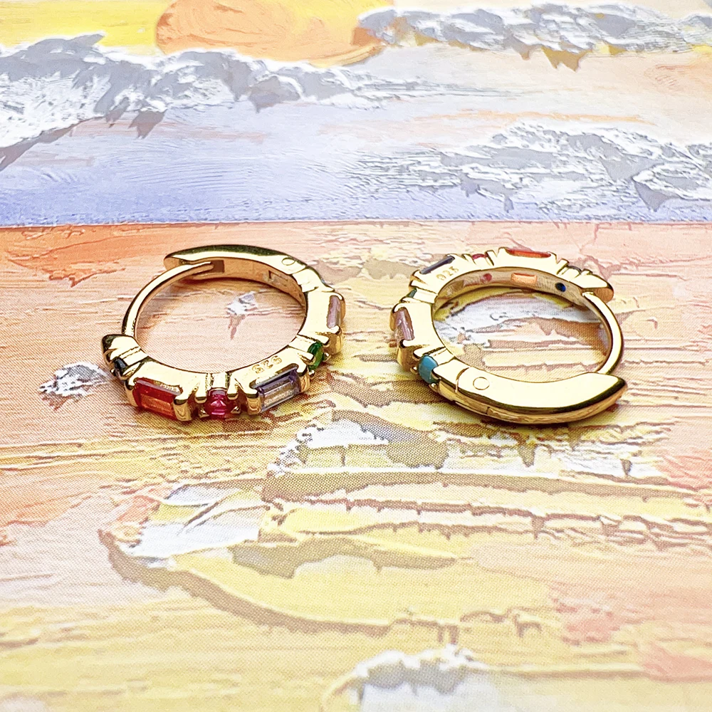 Colorful Stones Europe Style Fine Sterling Silver Creole Hinged Hoop Earrings - Image 6