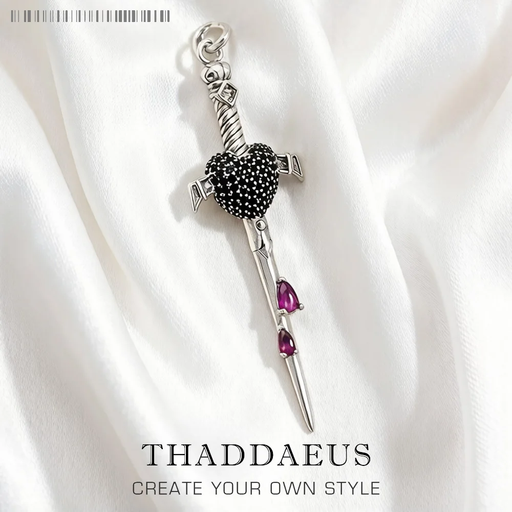 Heart Sword with Black and Red Stones Sterling Silver Pendant