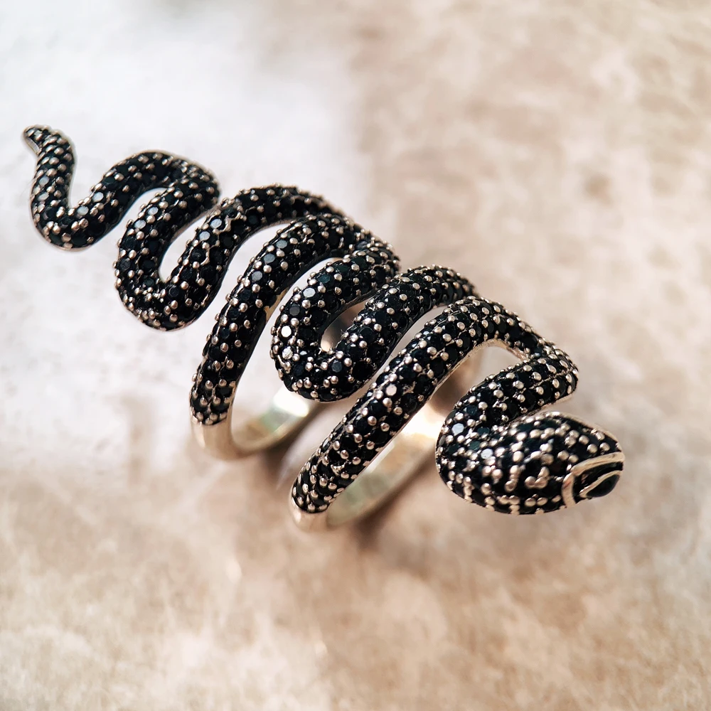 Vintage Long Black Snake Fine Jewerly 925 Sterling Silver Adjustable Ring - 画像 (5)