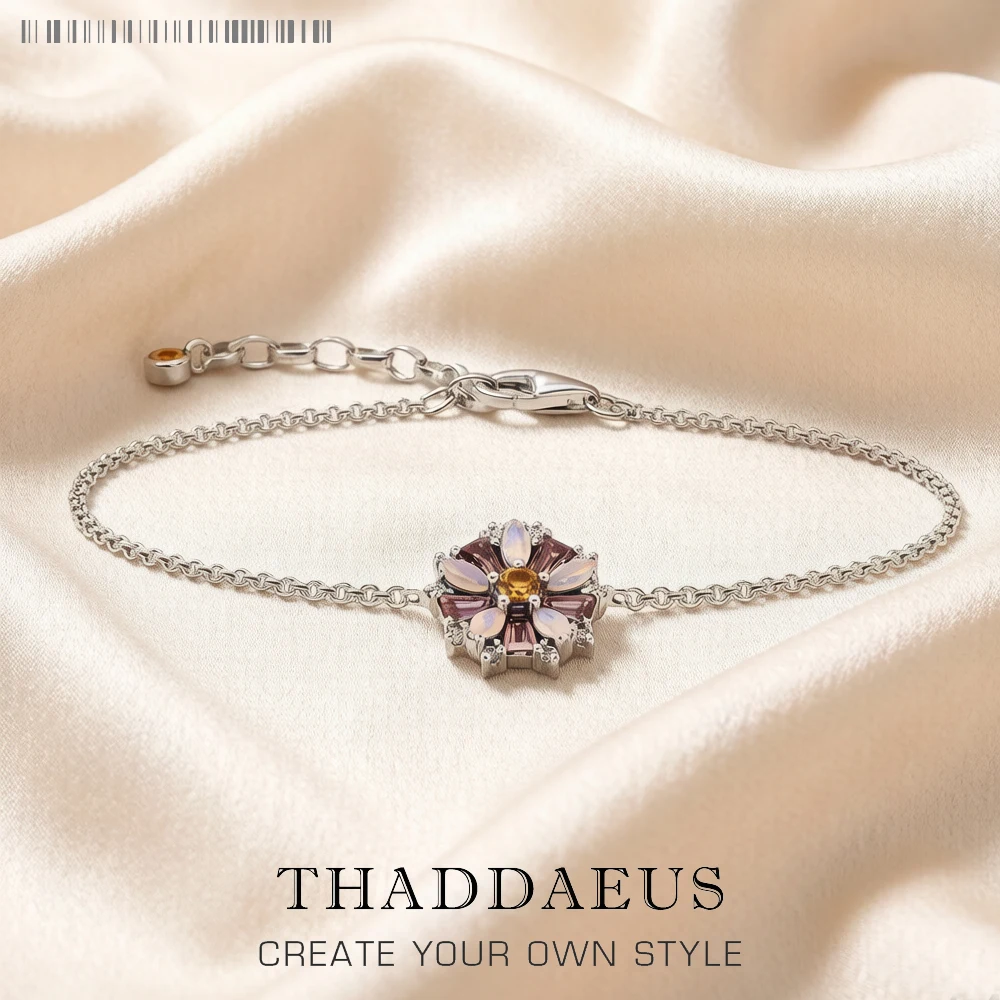 Flowers Colourful Stones Link Chain Sterling Silver Jewelry Bracelet