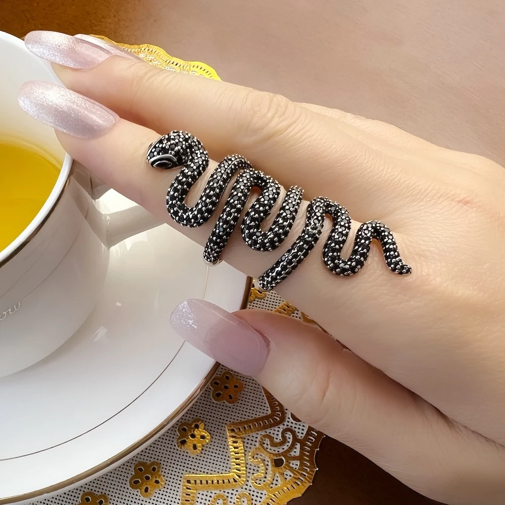 Vintage Long Black Snake Fine Jewerly 925 Sterling Silver Adjustable Ring - 画像 (4)