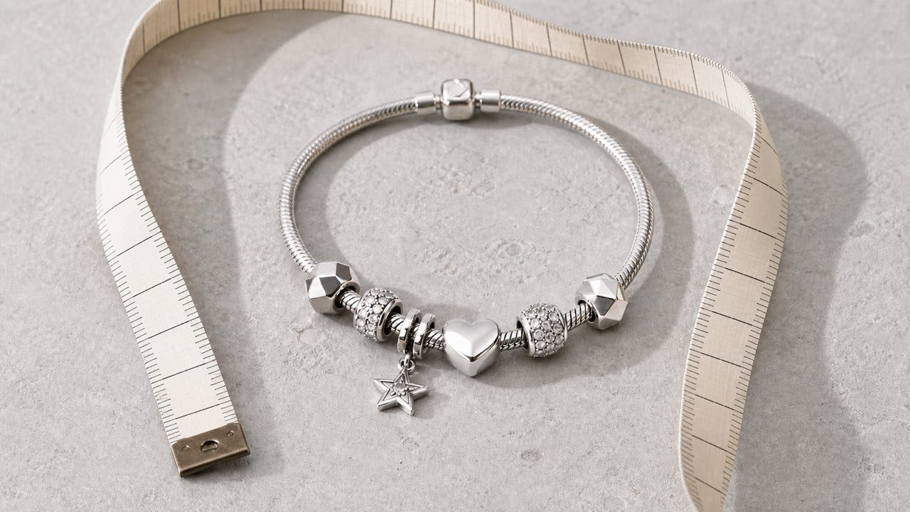 Sterling silver charm bracelet beside a measuring tape for bracelet sizing