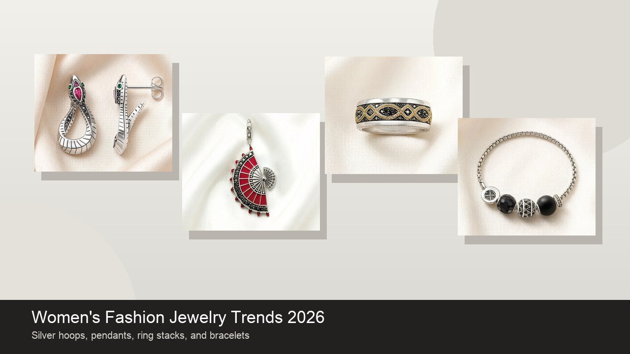 Women's fashion jewelry trends 2026 with silver hoops, pendant, ring, and bracelet