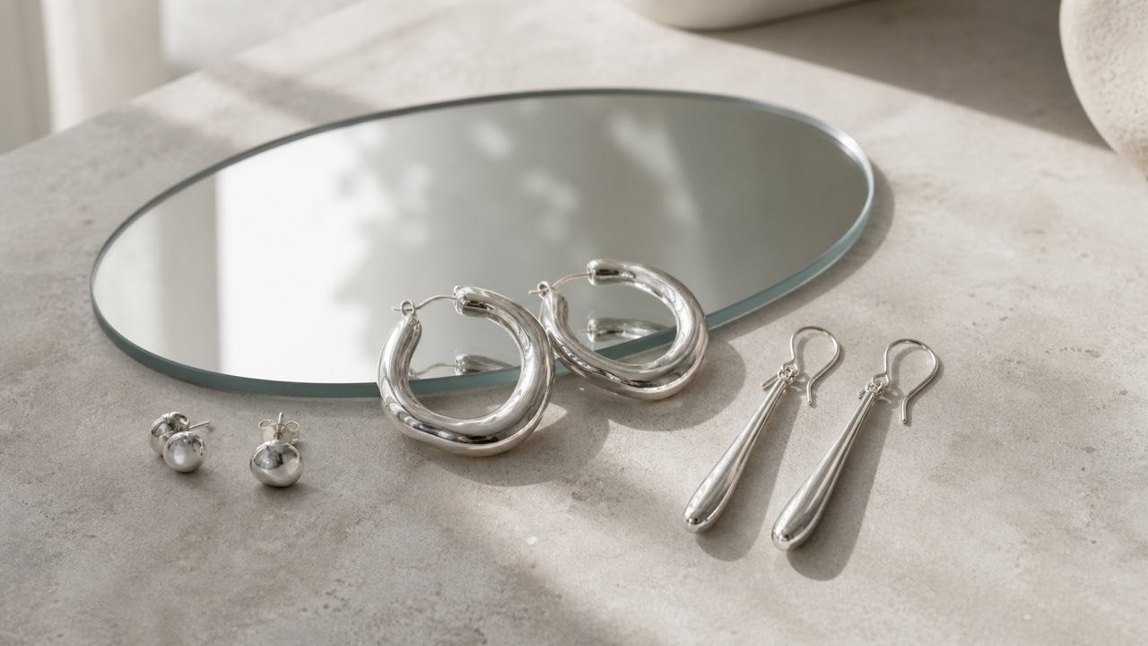 Silver studs, hoops, and drop earrings beside an oval mirror